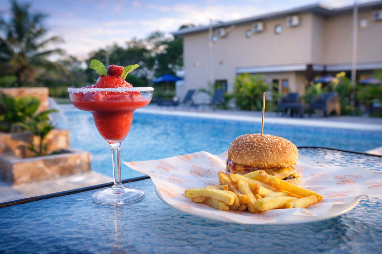 Margarita de fresa congelada con hamburguesa y papas fritas junto a la piscina